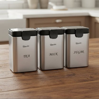 Stainless steel storage jars set of 3 labelled tea, milk and sugar