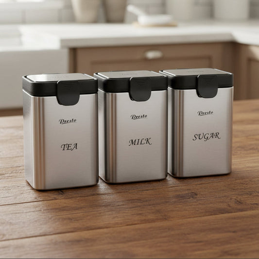 Stainless steel storage jars set of 3 labelled tea, milk and sugar