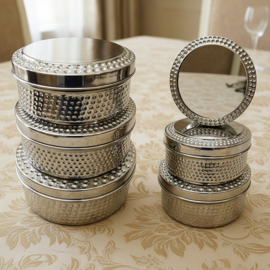 Indian Steel Puri Dabba 3pcs Set Hammered Design Beautiful Perfect For chapatis Dough any dry foods Hakimi Steel